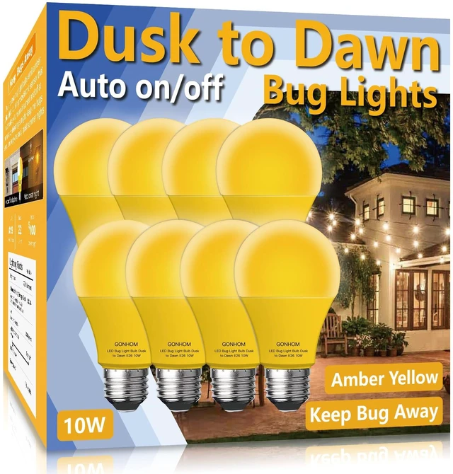 Main image of Dusk to Dawn Bug Light Bulb Outdoor,8 Pack Amber Bug Light Bulb,Auto On/Off,10W(100W Equivalent),E26 Base,Bug Lights for Outside.Home Hallway Porch Lights.Decorative Lamps.Bedroom