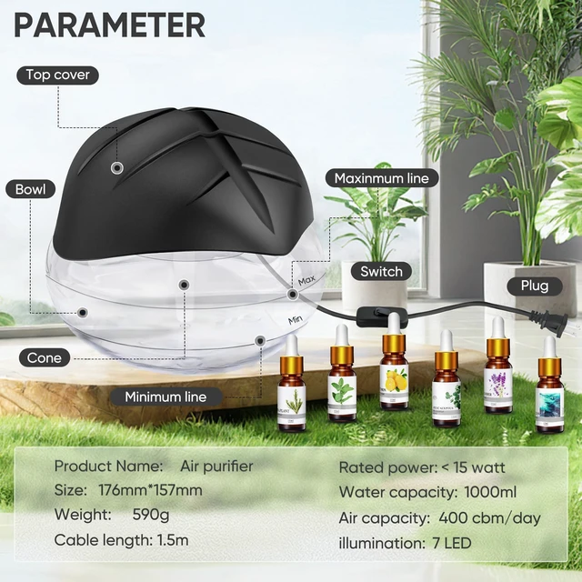Alt view image 6 of 7 - Water Based Air Purifier for Home with 6x10ml Essential Oils Diffuser and Humidifier Function, Rainbow Air Washer with LED Light, Freshener for Smoke and Pet Odors