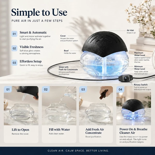 Alt view image 3 of 7 - Air FreshenerBlack - for Home, Bedroom, Office and Warehouse - Essential Oil Aroma Diffuser with LED Color Night Light and Soothing Water Flow Sound - for Pets and Smokers.