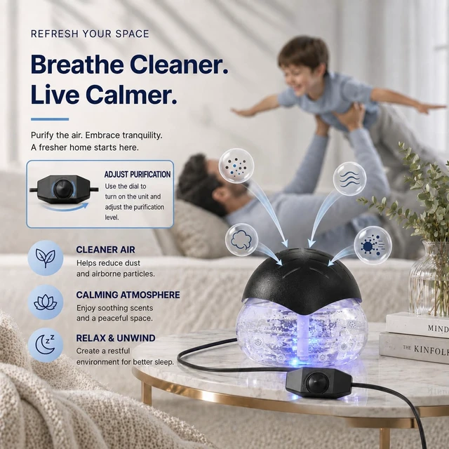Alt view image 4 of 7 - Air FreshenerBlack - for Home, Bedroom, Office and Warehouse - Essential Oil Aroma Diffuser with LED Color Night Light and Soothing Water Flow Sound - for Pets and Smokers.