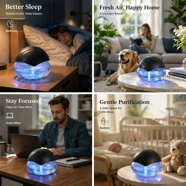 Alt view image 7 of 7 - Air FreshenerBlack - for Home, Bedroom, Office and Warehouse - Essential Oil Aroma Diffuser with LED Color Night Light and Soothing Water Flow Sound - for Pets and Smokers.