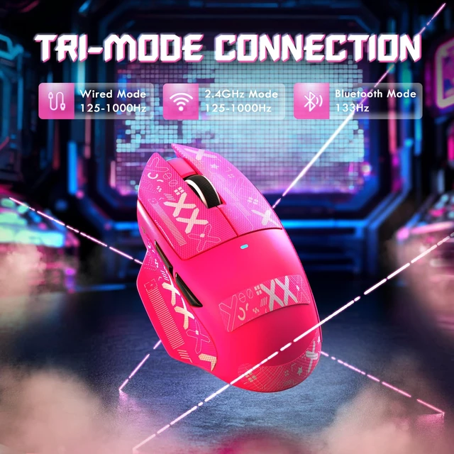 Alt view image 2 of 7 - V6 65g Wireless Gaming Mouse with RGB Magnetic Charging Dock,BT/2.4G Wireless/Wired Mouse 1K Polling,PixArt PAW3311 Sensor,25K DPI,Tape,Programmable Gamer Mice for PC/Win/Mac (Rose)