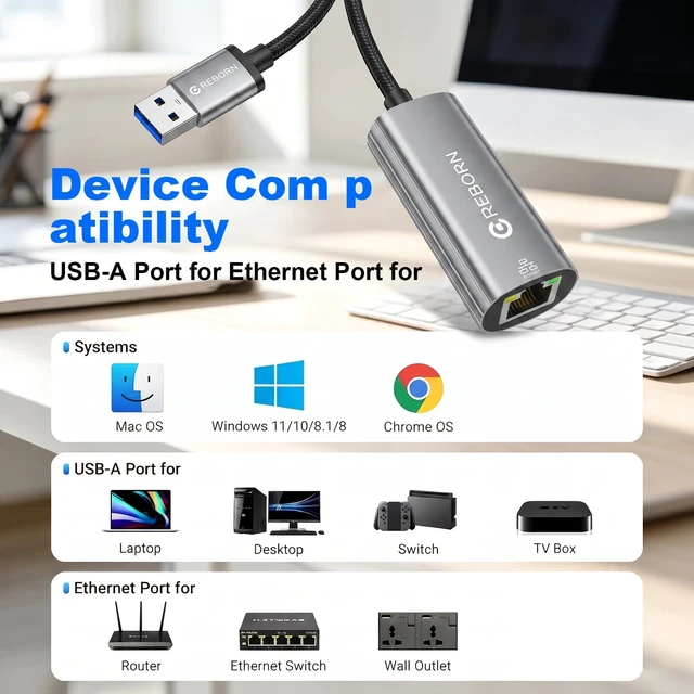 Alt view image 5 of 7 - USB to Ethernet Adapter, 1000Mbps USB 3.0 to RJ45 Gigabit Converter | USB-A to Ethernet LAN Network Adapter, for Laptop, Desktop PC, Windows macOS Linux Chromebook & More