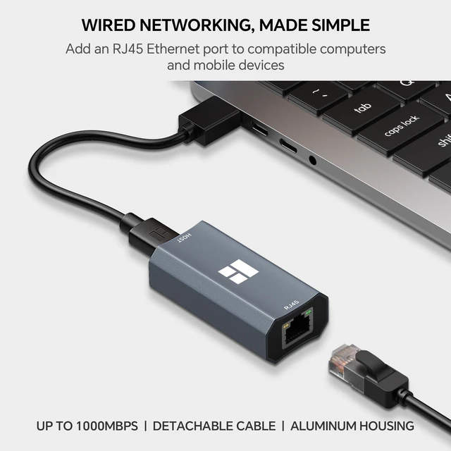 Alt view image 2 of 7 - USB 3.0 to Ethernet Adapter, 1000Mbps, RJ45, HR-DA101 A, Gray | Detachable USB-A Cable | Gigabit Wired Connection | Aluminum Housing | Windows/macOS/Linux Compatible