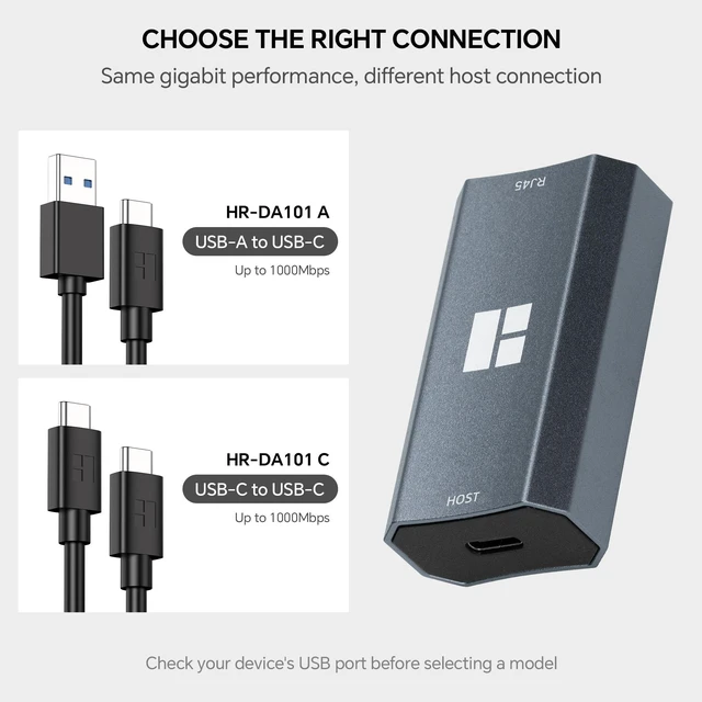 Alt view image 3 of 7 - USB 3.0 to Ethernet Adapter, 1000Mbps, RJ45, HR-DA101 A, Gray | Detachable USB-A Cable | Gigabit Wired Connection | Aluminum Housing | Windows/macOS/Linux Compatible