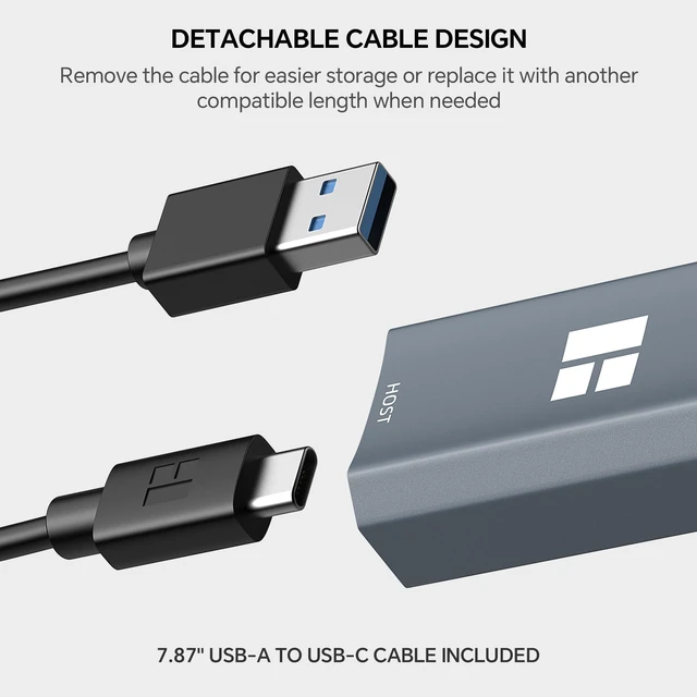 Alt view image 5 of 7 - USB 3.0 to Ethernet Adapter, 1000Mbps, RJ45, HR-DA101 A, Gray | Detachable USB-A Cable | Gigabit Wired Connection | Aluminum Housing | Windows/macOS/Linux Compatible