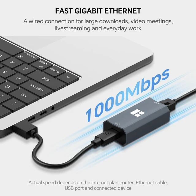 Alt view image 4 of 7 - USB 3.0 to Ethernet Adapter, 1000Mbps, RJ45, HR-DA101 A, Gray | Detachable USB-A Cable | Gigabit Wired Connection | Aluminum Housing | Windows/macOS/Linux Compatible