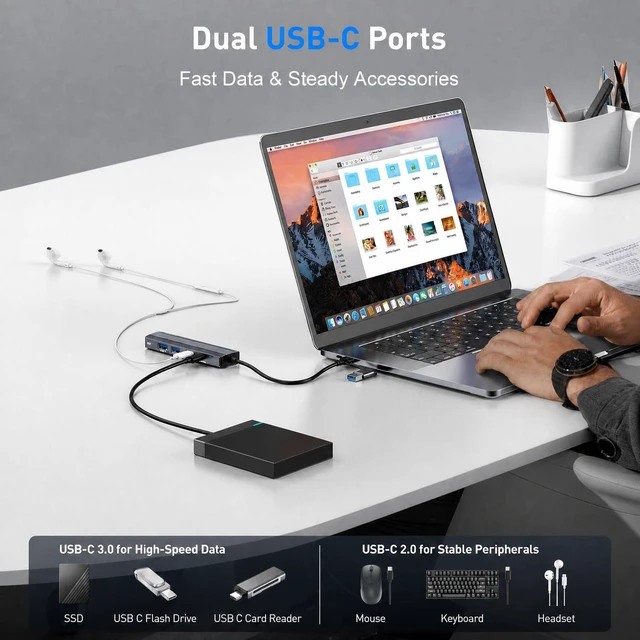 Alt view image 5 of 7 - USB C/USB Hub with Ethernet, 5-in-2 USB to Ethernet Adapter for Laptop iPad | Gigabit RJ45 Ethernet Adapter, 2*USB 3.0, 1*USB-C 3.0, 1*USB-C Data Port, for Macbook Air, Ipad Pro