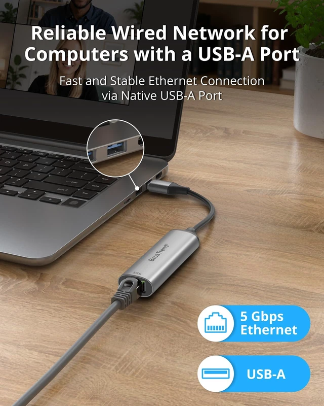 Alt view image 2 of 6 - 5Gbps USB to Ethernet Adapter for Laptop Desktop PC, Plug & Play | 5 Gigabit Aluminum USB Ethernet Adapter for Windows, Linux (Kernel 7.1+), ChromeOS MacOS, USB3.2 to RJ45, Lifetime Protection