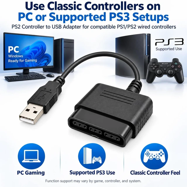Alt view image 2 of 6 - PS2 Controller to USB Adapter, Gamepad Converter for PS3 and PC,1Pack | Connect PS1/PS2 Controllers to USB Devices, Supports Vibration and Digital/Analog Modes on Compatible Games