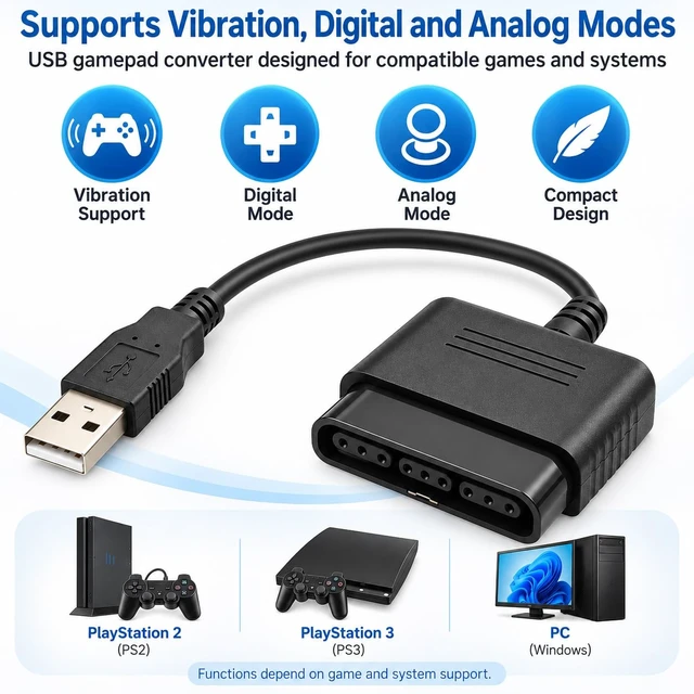 Alt view image 3 of 6 - PS2 Controller to USB Adapter, Gamepad Converter for PS3 and PC,1Pack | Connect PS1/PS2 Controllers to USB Devices, Supports Vibration and Digital/Analog Modes on Compatible Games