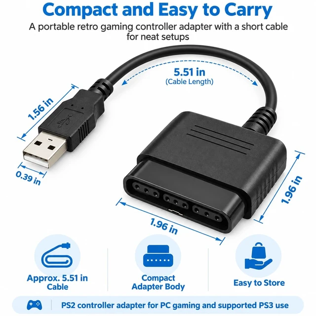 Alt view image 5 of 6 - PS2 Controller to USB Adapter, Gamepad Converter for PS3 and PC,1Pack | Connect PS1/PS2 Controllers to USB Devices, Supports Vibration and Digital/Analog Modes on Compatible Games