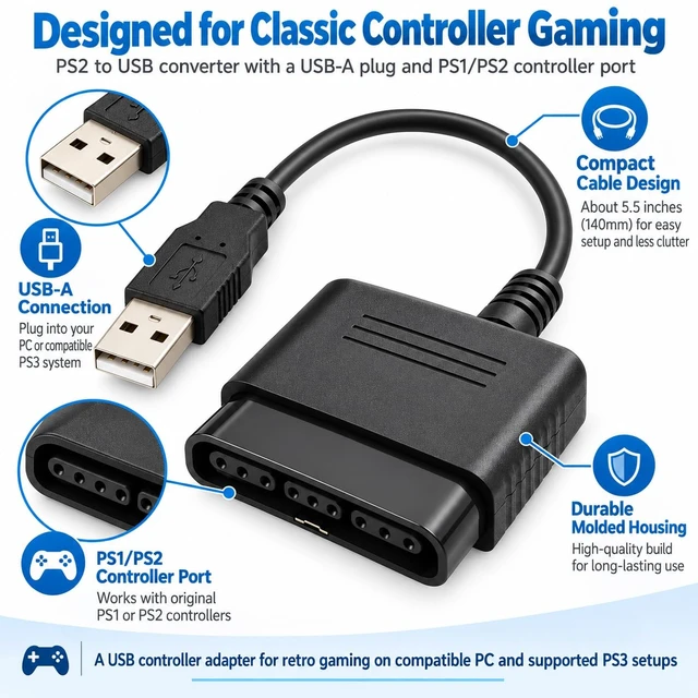 Alt view image 6 of 6 - PS2 Controller to USB Adapter, Gamepad Converter for PS3 and PC,1Pack | Connect PS1/PS2 Controllers to USB Devices, Supports Vibration and Digital/Analog Modes on Compatible Games