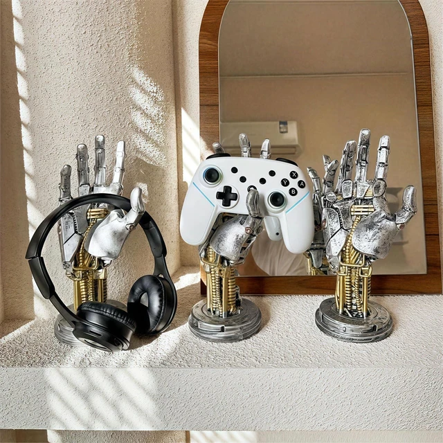 Alt view image 2 of 6 - Hand Controller Stand, Steampunk Resin Gaming Decor (Silver) | Gaming Accessory Holder for PS5, Xbox, PC, Resin Art Desk Decor for Gamers, Modern Home & Gaming Room Decor, Unique Gift Idea