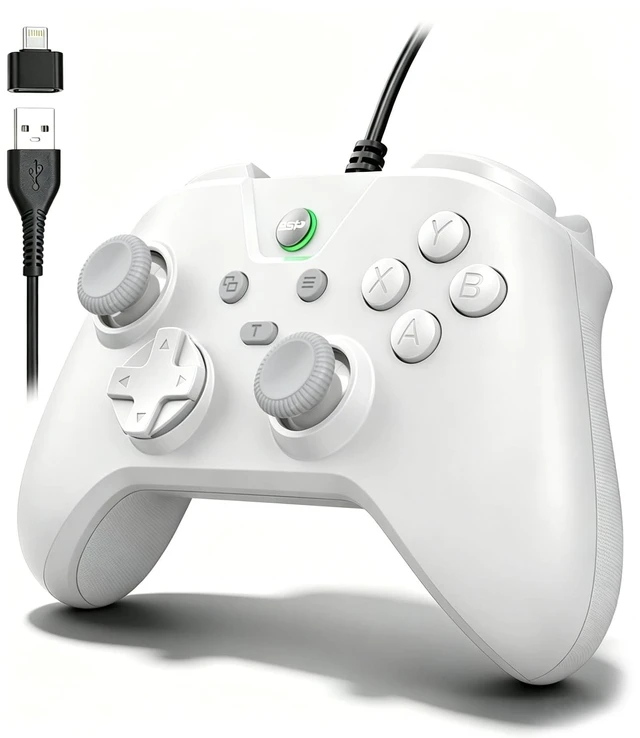 Main image of Wired Controller for Android/Tablet/Windows PC/Switch/PS4/PS3, 1000Hz Polling Rate Plug and Play Gaming Gamepad Joystick with USB C Adapter, Dual Motors, Turbo, 6.56ft Cable,Ultra-Low Latency -White