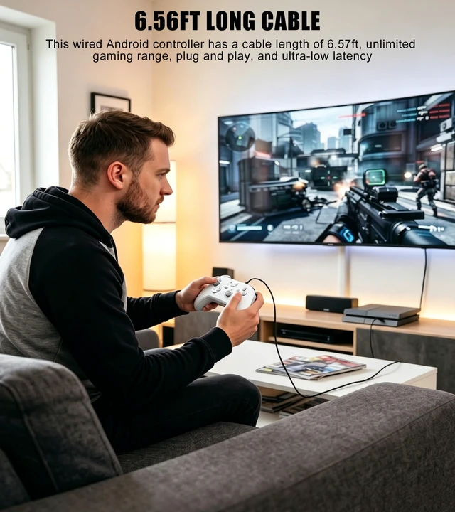 Alt view image 3 of 7 - Wired Controller for Android/Tablet/Windows PC/Switch/PS4/PS3, 1000Hz Polling Rate Plug and Play Gaming Gamepad Joystick with USB C Adapter, Dual Motors, Turbo, 6.56ft Cable,Ultra-Low Latency -White
