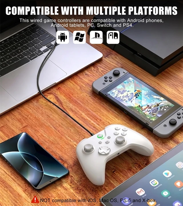 Alt view image 2 of 7 - Wired Controller for Android/Tablet/Windows PC/Switch/PS4/PS3, 1000Hz Polling Rate Plug and Play Gaming Gamepad Joystick with USB C Adapter, Dual Motors, Turbo, 6.56ft Cable,Ultra-Low Latency -White