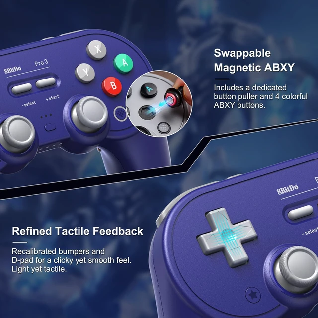 Alt view image 6 of 7 - Pro 3 Bluetooth Controller for Switch/Switch 2,TMR Joysticks, Purple | For Apple, Windows, SteamOS, Android, Swappable ABXY Buttons, Hall/Tactile Triggers, Back Buttons&R4/L4 Bumpers,Charging Dock