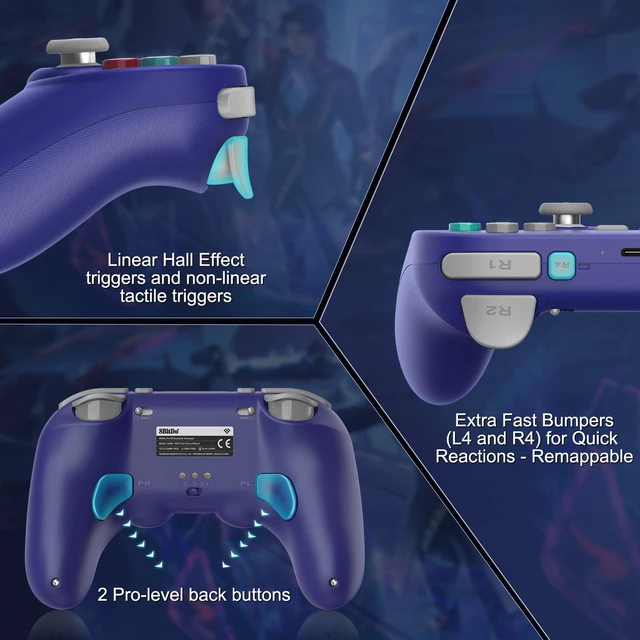 Alt view image 5 of 7 - Pro 3 Bluetooth Controller for Switch/Switch 2,TMR Joysticks, Purple | For Apple, Windows, SteamOS, Android, Swappable ABXY Buttons, Hall/Tactile Triggers, Back Buttons&R4/L4 Bumpers,Charging Dock