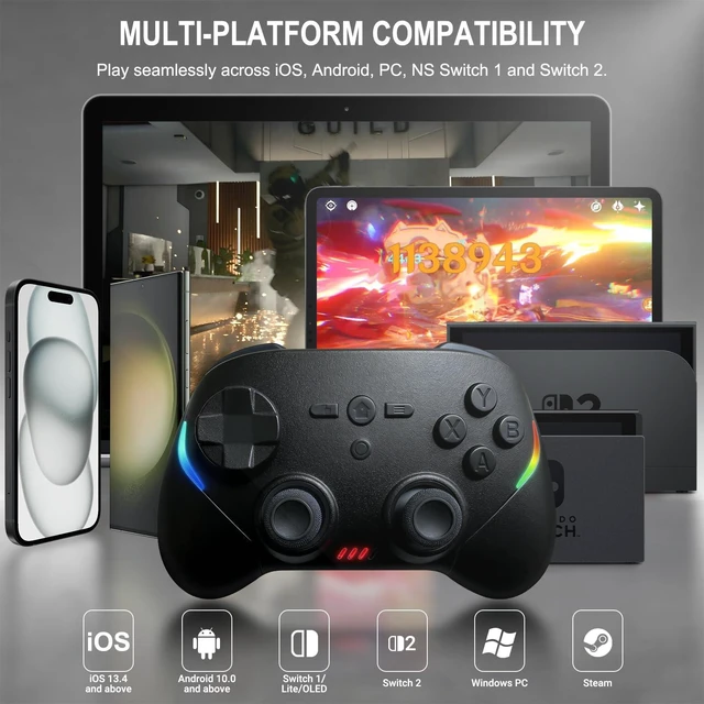Alt view image 2 of 7 - Mobile Gaming Controller, Wireless Game Controller for iPad/Tablet/iPhone/Android/Switch/Switch 2/Lite/OLED/PC, Handheld Gamepad with Hall Effect Joysticks/Triggers/6-Axis Gyro - Black