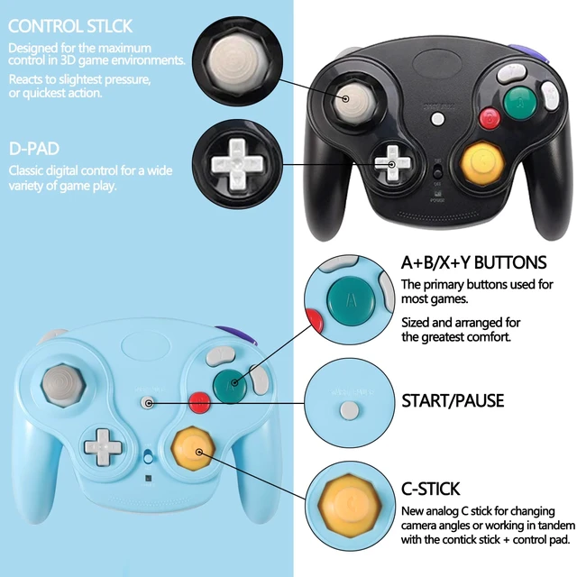 Alt view image 4 of 7 - Wireless Game Cube Controller, 2 Pieces 2.4G Wireless Classic Gamepad with Receiver Adapter for Wii Game Cube NGC GC (Black and Blue)