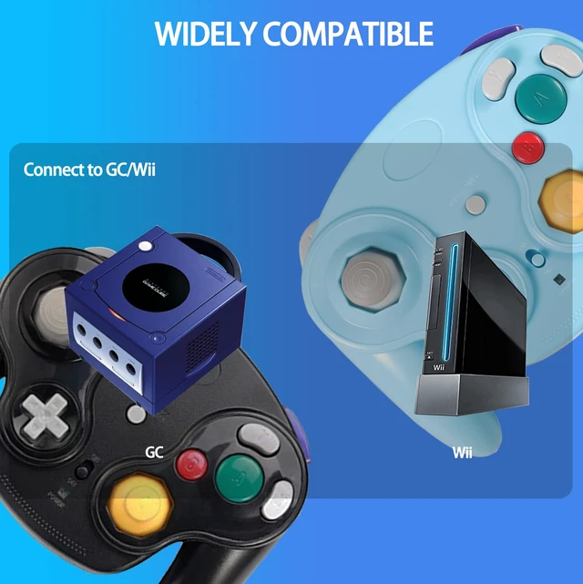 Alt view image 5 of 7 - Wireless Game Cube Controller, 2 Pieces 2.4G Wireless Classic Gamepad with Receiver Adapter for Wii Game Cube NGC GC (Black and Blue)
