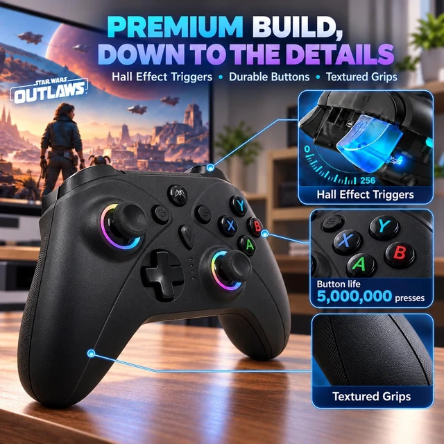 Alt view image 4 of 7 - RGB Controller for Luna Fire TV Stick Cube,Anti Drift TMR Joystick Control | 10H Rechargeable Game Time,Hall Effect Trigger,Back Paddles,Macro,Turbo,Upgrade Gaming on ,Ideal Remote Gift Choice