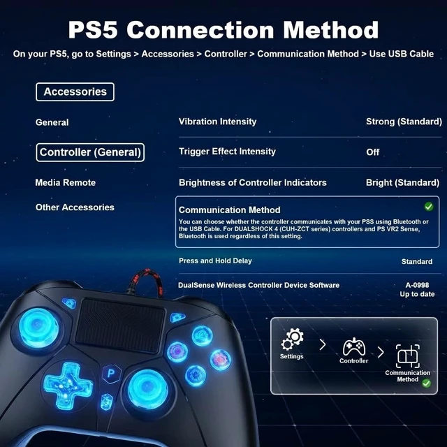 Alt view image 2 of 5 - Wired Controller for PS5/PS4/PC, Gaming Controllers, Gamepad with Dual Vibration 6-axis Gyroscope Support Turbo Macro Multi Touch Pad 3.5mm Audio Jack