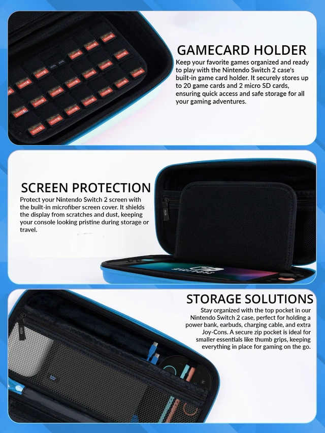 Alt view image 5 of 7 - Case Compatible with Nintendo Switch 2 Protective Travel Carry Case with Screen Padding, Game Card & microSD Slots, Zipped & Open Pockets for Accessories 7.9" Gift Boxed