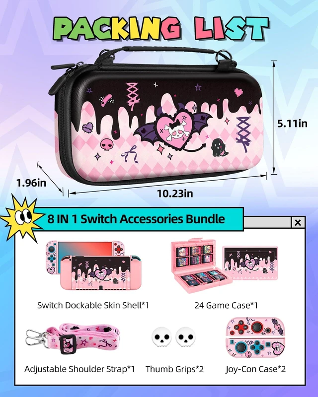 Alt view image 3 of 6 - Kits Accessories Bundle for Nintendo Switch OLED 2021 - Cute Carrying Case, Protective Cover, Joy Con Grips, Thumb Grips, 24 Game Holder, Shoulder Strap Teens Boys Girls, Skull