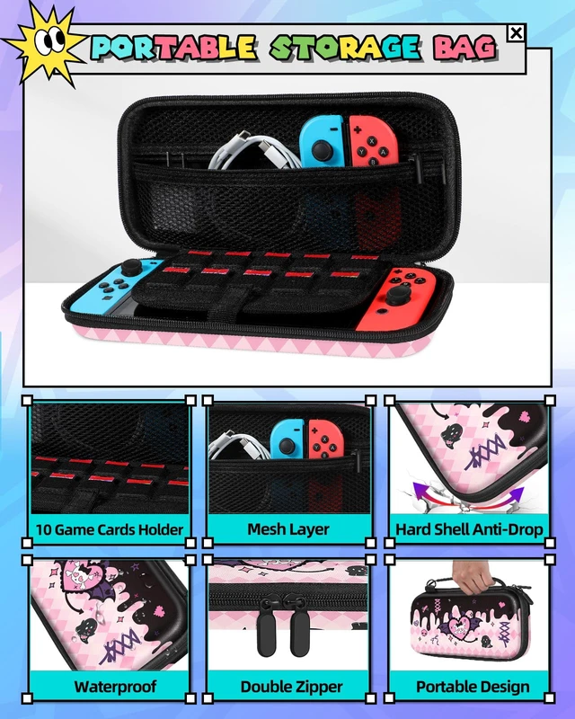 Alt view image 4 of 6 - Kits Accessories Bundle for Nintendo Switch OLED 2021 - Cute Carrying Case, Protective Cover, Joy Con Grips, Thumb Grips, 24 Game Holder, Shoulder Strap Teens Boys Girls, Skull