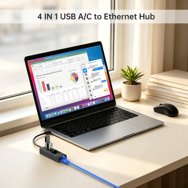 Alt view image 6 of 6 - USB Hub w/Ethernet + 3xUSB 3.0, USB3.0 to Ethernet Adapter 0.49ft | 4-IN-1 USB-A/C to LAN Network Adapter, USB 3.0 Multiport Hub with RJ45 10/100/1000 Gigabit for Laptop, PC Desktop, MacBook