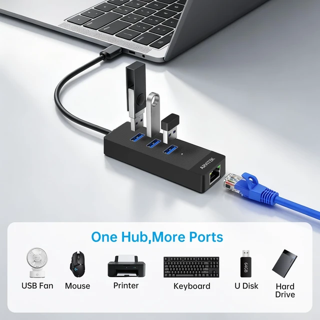 Alt view image 2 of 6 - USB Hub w/Ethernet + 3xUSB 3.0, USB3.0 to Ethernet Adapter 0.49ft | 4-IN-1 USB-A/C to LAN Network Adapter, USB 3.0 Multiport Hub with RJ45 10/100/1000 Gigabit for Laptop, PC Desktop, MacBook