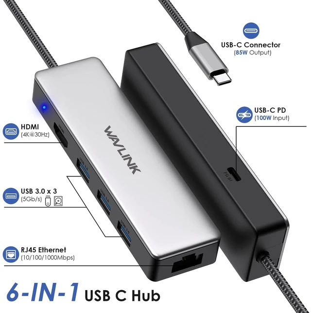 Alt view image 2 of 7 - USB C Hub, 6-in-1 USB C Adapter for Pro/Air/Thunderbolt 4/3/Type C Devices, with 4K@30Hz HDMI, 3 USB 3.0, Gigabit Ethernet, 100W Power Delivery for Windows and Mac