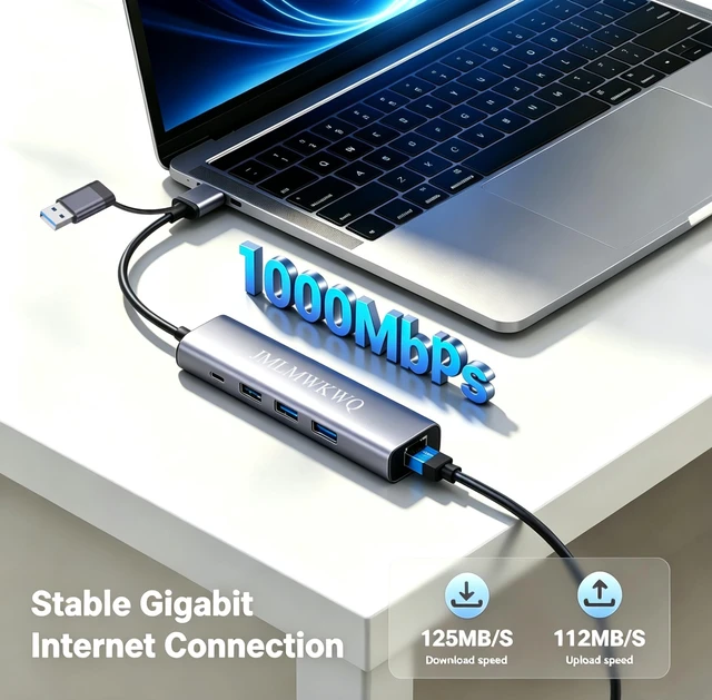Alt view image 3 of 7 - 5-in-2 USB-A & USB-C to Ethernet Adapter, 1Gbps Aluminum Adapter | 3×USB 3.0 & 1×USB-C Data Transfer, Plug & Play, Portable Compact RJ45 Network Dongle for Laptop Desktop