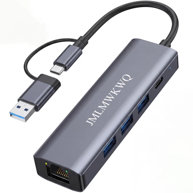 Main image of 5-in-2 USB-A & USB-C to Ethernet Adapter, 1Gbps Aluminum Adapter | 3×USB 3.0 & 1×USB-C Data Transfer, Plug & Play, Portable Compact RJ45 Network Dongle for Laptop Desktop