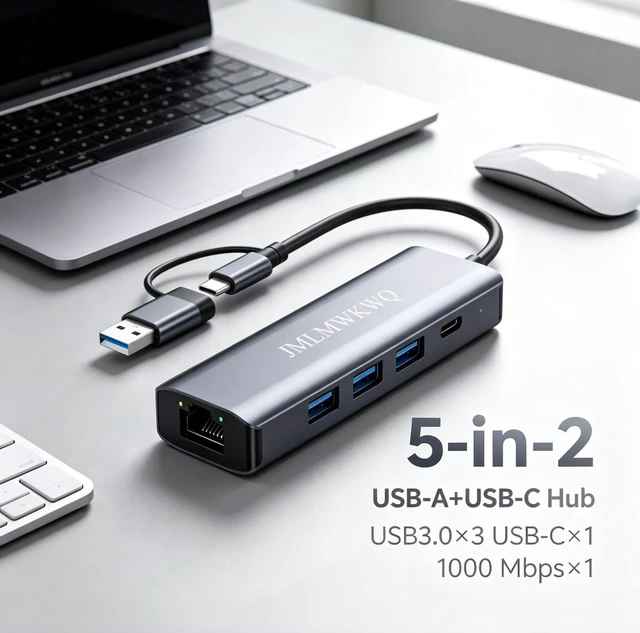 Alt view image 2 of 7 - 5-in-2 USB-A & USB-C to Ethernet Adapter, 1Gbps Aluminum Adapter | 3×USB 3.0 & 1×USB-C Data Transfer, Plug & Play, Portable Compact RJ45 Network Dongle for Laptop Desktop