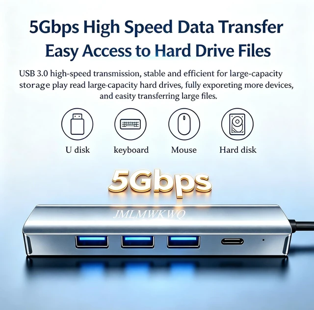 Alt view image 5 of 7 - 5-in-2 USB-A & USB-C to Ethernet Adapter, 1Gbps Aluminum Adapter | 3×USB 3.0 & 1×USB-C Data Transfer, Plug & Play, Portable Compact RJ45 Network Dongle for Laptop Desktop