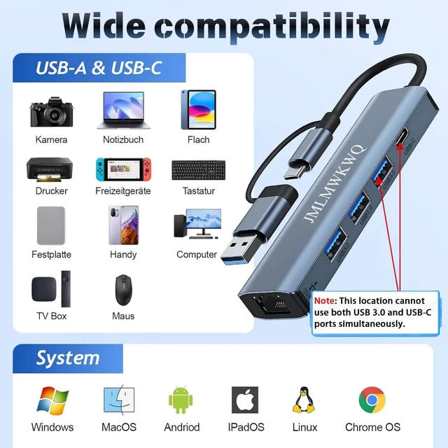 Alt view image 6 of 7 - 5-in-2 USB-A & USB-C to Ethernet Adapter, 1Gbps Aluminum Adapter | 3×USB 3.0 & 1×USB-C Data Transfer, Plug & Play, Portable Compact RJ45 Network Dongle for Laptop Desktop