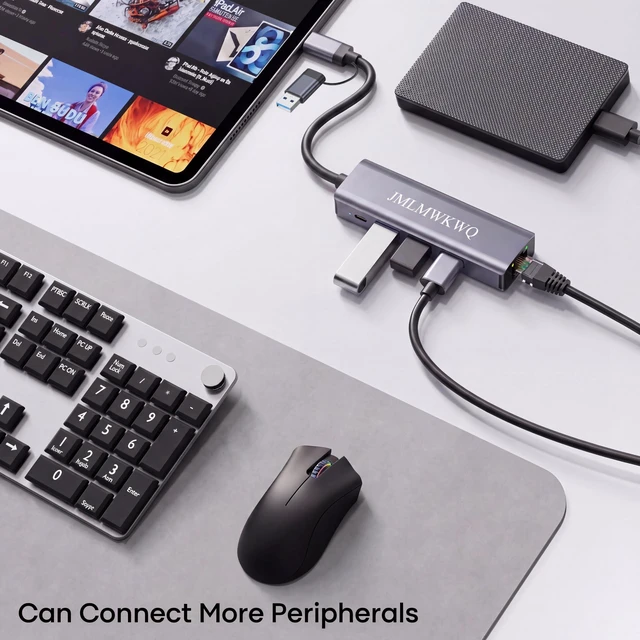 Alt view image 4 of 7 - 5-in-2 USB-A & USB-C to Ethernet Adapter, 1Gbps Aluminum Adapter | 3×USB 3.0 & 1×USB-C Data Transfer, Plug & Play, Portable Compact RJ45 Network Dongle for Laptop Desktop