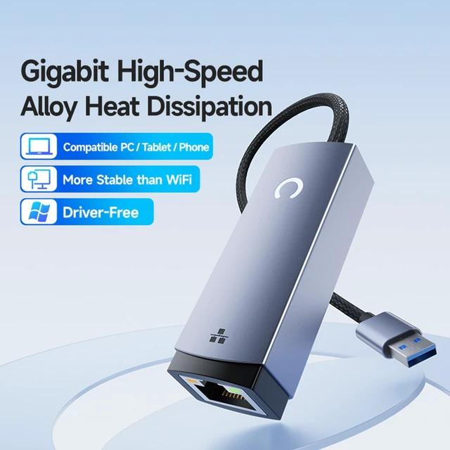 Alt view image 2 of 7 - USB 3.0 to Ethernet Adapter 1000Mbps Gigabit RJ45 Dongle PC | 1Gbps LAN speed, durable aluminum shell, braided cable, driver-free setup