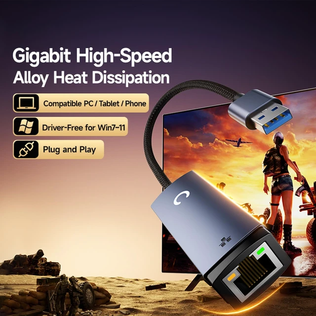 Alt view image 3 of 7 - USB 3.0 to Ethernet Adapter 1000Mbps Gigabit RJ45 Dongle PC | 1Gbps LAN speed, durable aluminum shell, braided cable, driver-free setup