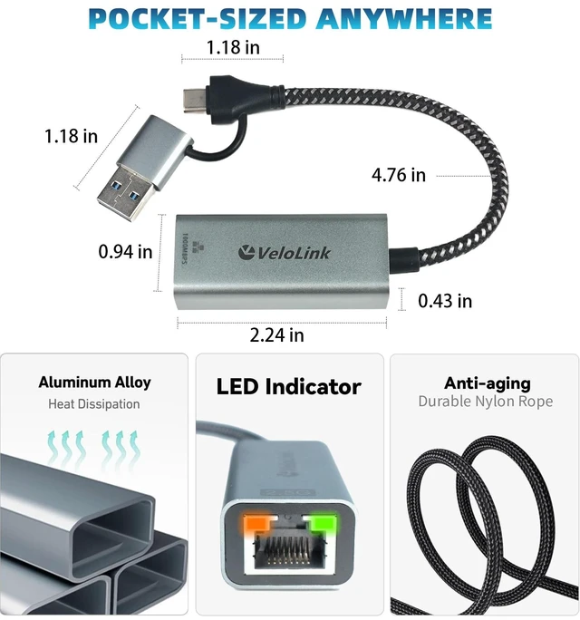 Alt view image 6 of 7 - Ethernet to USB Adapter, 1Gbps USB to RJ45 Gigabit LAN, USB 3.0 Ethernet Adapter Compatibility 10/100/1000Mbps. Compatible with Laptops, PC, Mac OS, Linux and More