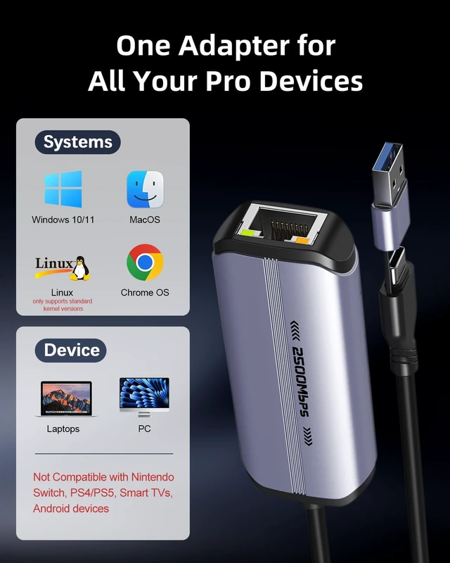 Alt view image 4 of 7 - 2.5Gb USB to Ethernet Adapter, USB-A/USB-C Ethernet Adapter for Laptop | USB to RJ45 Network, Realtek Chip, Plug and Play, Compatible for NAS, MacBook, Computer, Windows, macOS