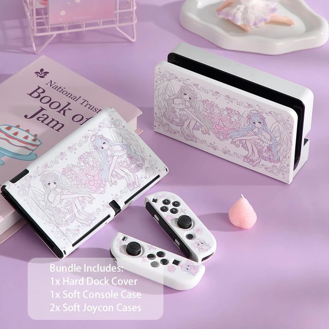 Alt view image 2 of 7 - Case for Switch OLED, Silicone Cover Shell Compatible with Nintendo Switch OLED Dockable Case Kawaii Pink Sakura Angel Accessory Full Protection for Controller & Joy con