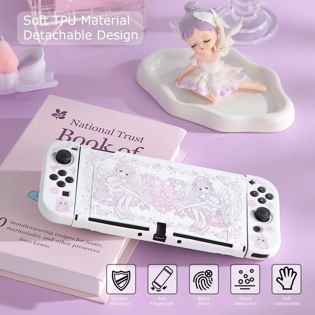 Alt view image 6 of 7 - Case for Switch OLED, Silicone Cover Shell Compatible with Nintendo Switch OLED Dockable Case Kawaii Pink Sakura Angel Accessory Full Protection for Controller & Joy con