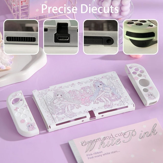 Alt view image 7 of 7 - Case for Switch OLED, Silicone Cover Shell Compatible with Nintendo Switch OLED Dockable Case Kawaii Pink Sakura Angel Accessory Full Protection for Controller & Joy con