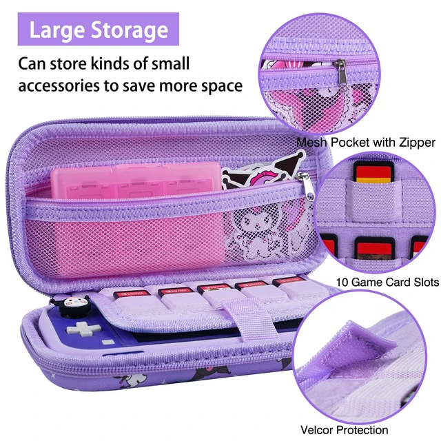 Alt view image 2 of 5 - Carrying Case for Switch Lite, Pretty Shockproof Portable Travel Bag with Soft Protective Case, Screen Protectors, Cute Thumb Grips Caps and Game Card Shell, Purple