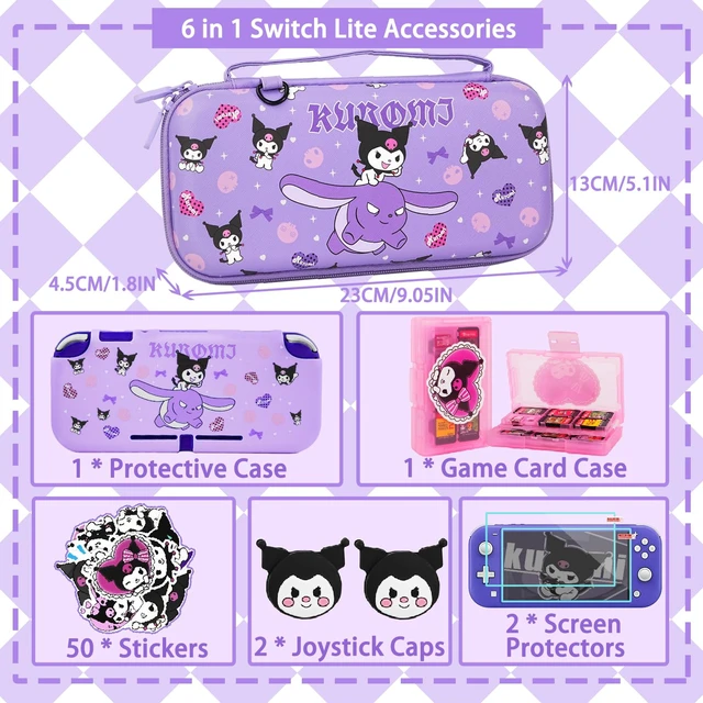 Alt view image 5 of 5 - Carrying Case for Switch Lite, Pretty Shockproof Portable Travel Bag with Soft Protective Case, Screen Protectors, Cute Thumb Grips Caps and Game Card Shell, Purple