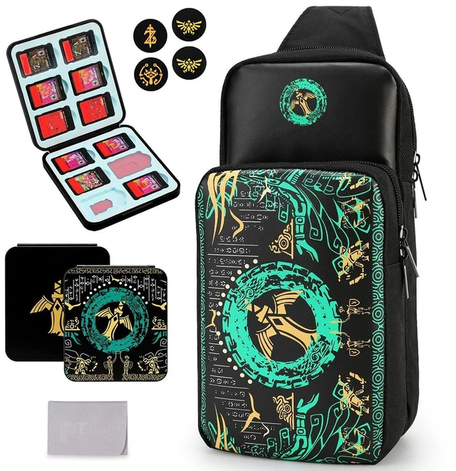 Main image of Cute Carrying Storage Bag for Nintendo Switch/2/Lite/OLED, Travel Case Bags | Portable Sling Crossbody Chest Shoulder Backpack, Black Gaming Accessories Bags, with Game Card Case & Thumb Grip Caps